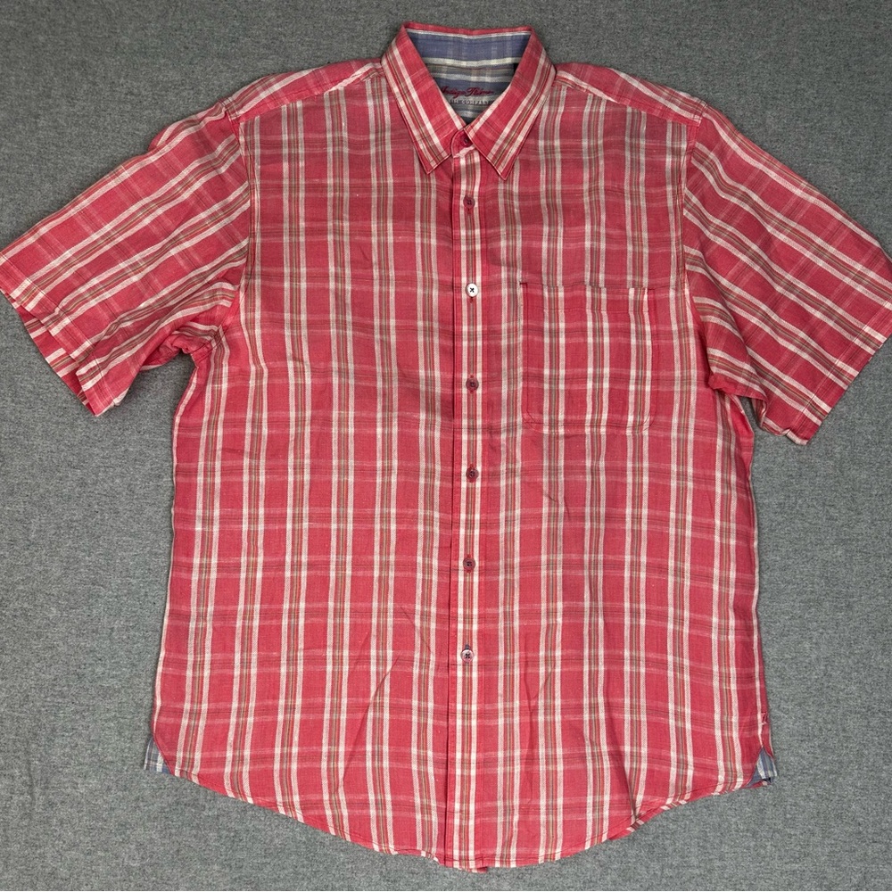 Indigo Palms Shirt Mens‎ Large Linen Plaid Short Sleeve Button Up Summer Casual